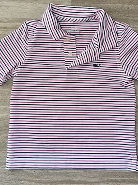 Vineyard Vines White Polo with Pink & Navy Stripes